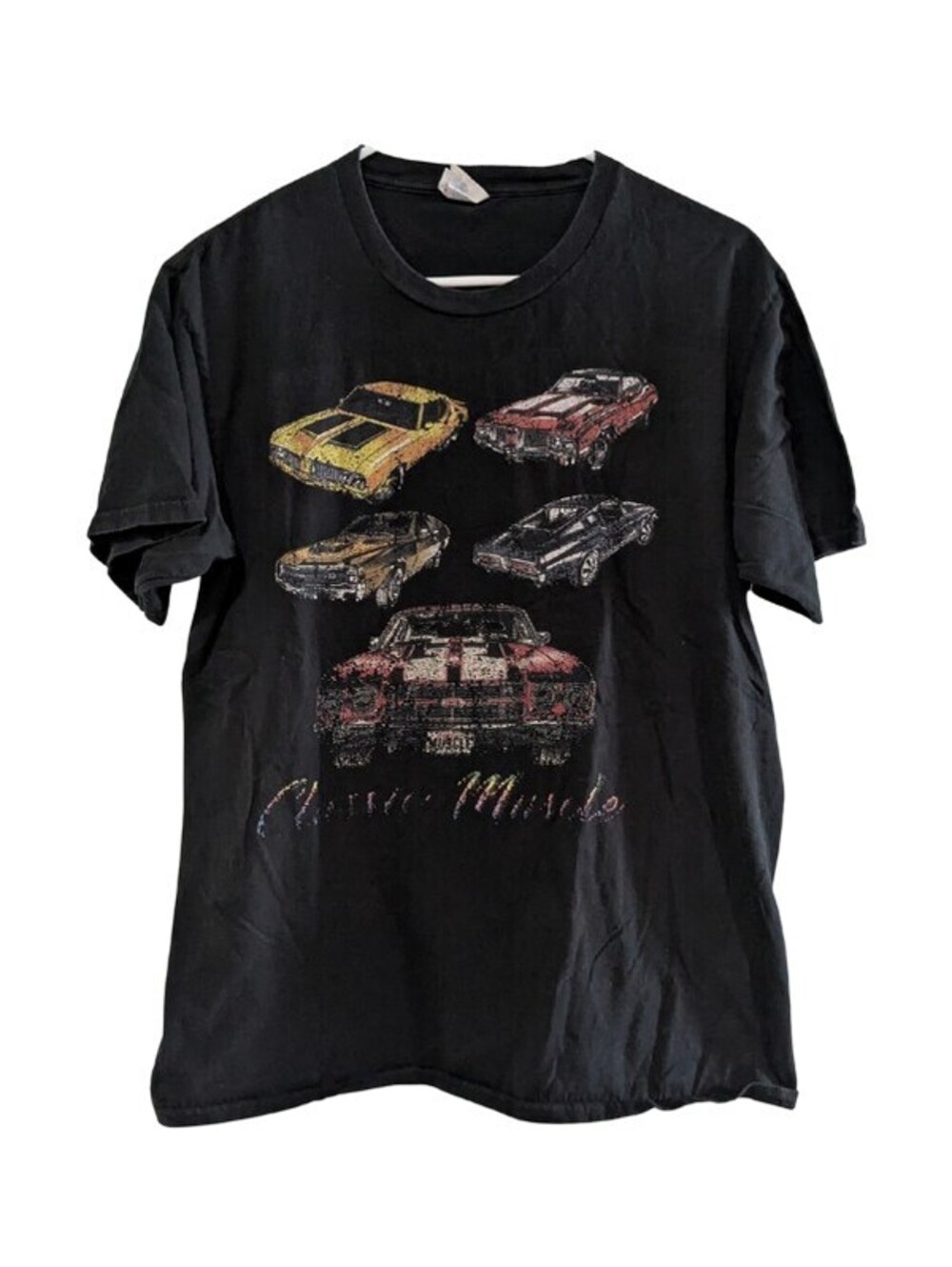 Port & Company Men's Chevy Chevelle Stacked Muscle Car Tee Black Medium Faded